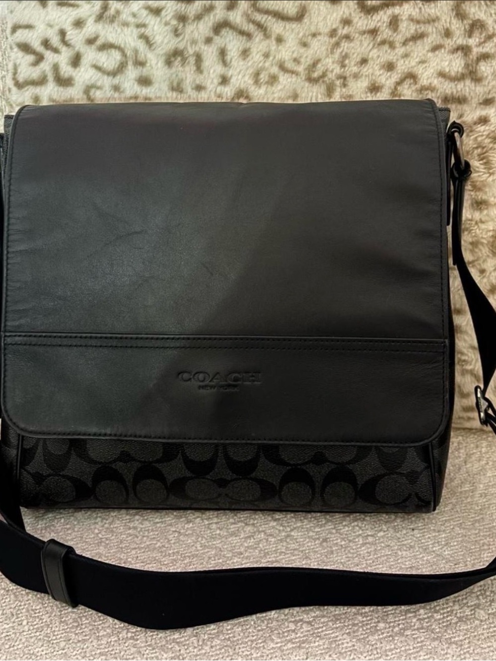 Coach Black Leather & Charcoal Signature Messenger Bag